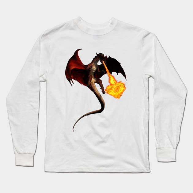 Red Dragon Fire Breathing Heart Long Sleeve T-Shirt by ColorFlowCreations